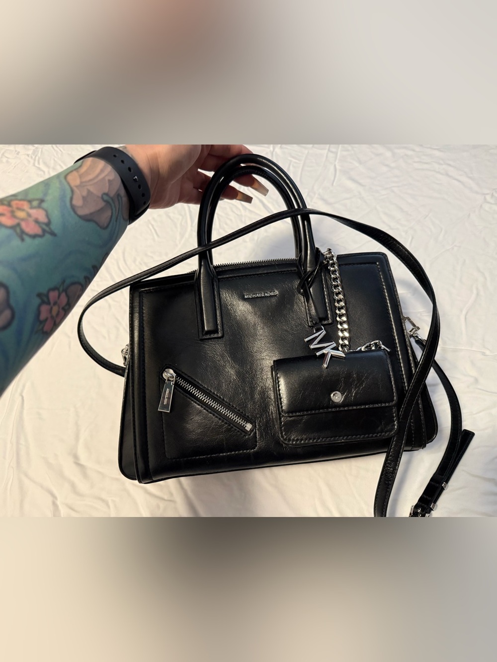 Michael Kors Black Leather Satchel with Silver MK Charm